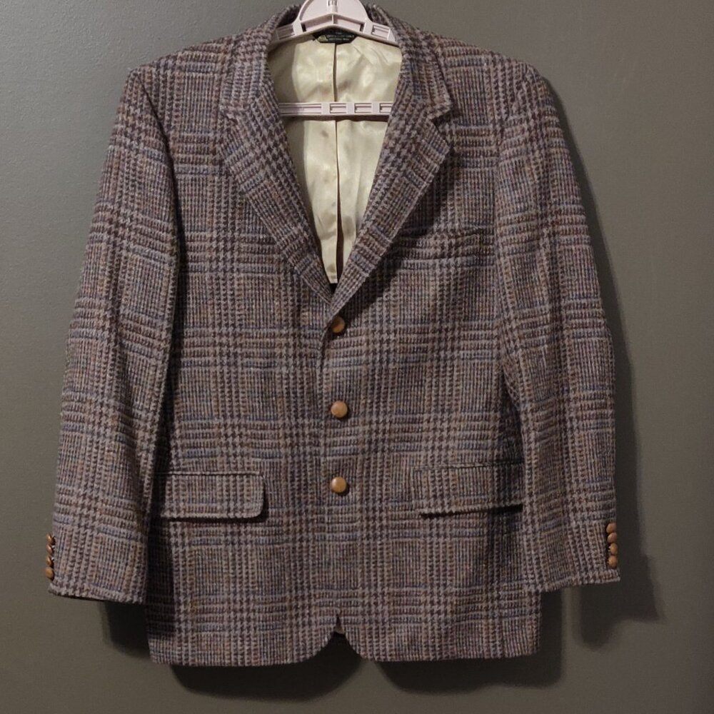 Vintage Sons & Harwell Cornell Tweed Wool Leather Basketweave Button Blazer 42R